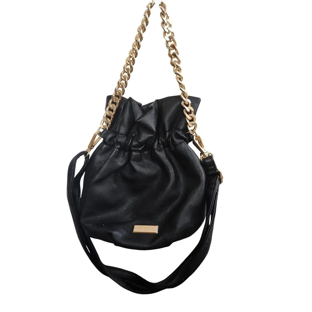 Jessica Simpson Black Faux Leather Bucket Bag Gold Chain Crossbody Designer Glam